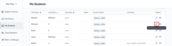 My Students page with the Actions column highlighted, showing the key icon used to set a temporary password for a student