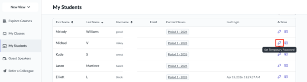 My Students page with the Actions column highlighted, showing the key icon used to set a temporary password for a student