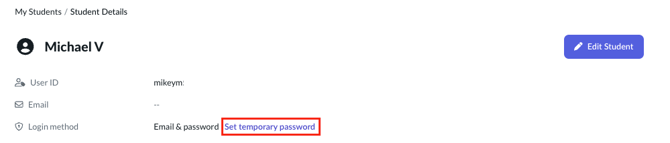 student details page with set temporary password link highlighted