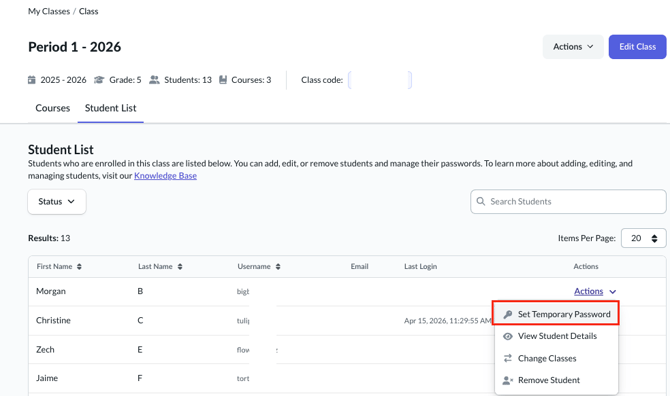 a view into a class with the student list tab open, the set temporary password button is highlighted