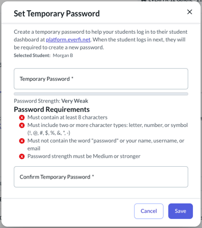 set temporary password modal with 2 fields to enter in and confirm a temporary password.  the text on screen mentions password requirements