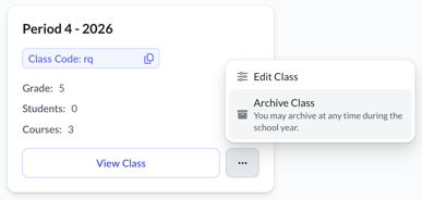 More options menu open on a course card, showing Edit class and Archive class
