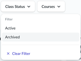 class filter options showing active and archived options