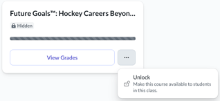 'Future Goals' course card with three-dot menu open showing unlock option