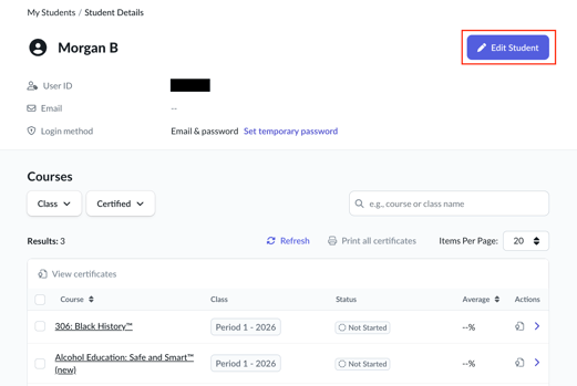 student details page showing purple edit student button highlighted