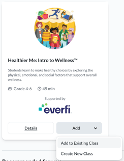 ‘Healthier Me’ course card with Add menu open, showing Add to existing class and Create new class options