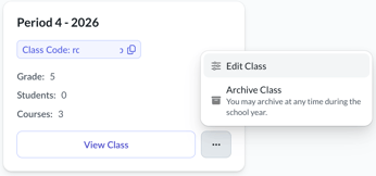 class card with three-dot menu open, showing edit class and archive class options
