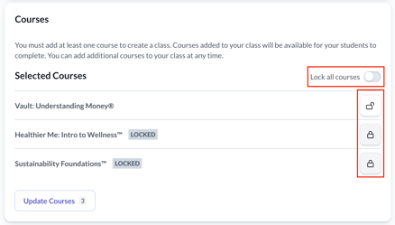 The Courses section of the Edit Class view showing lock and unlock options