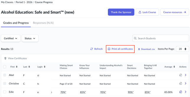 Course Progress page showing the Grades & Progress tab with 'Print All Certificates' link highlighted
