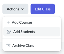 Actions button expanded showing options, 'Add Students' option highlighted