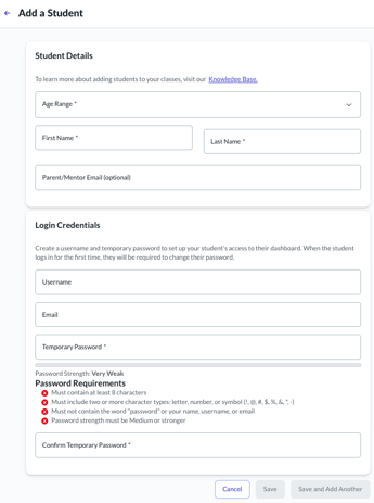 'Add a Student' form showing all fields that need to be filled out