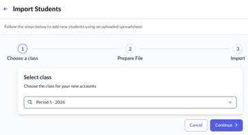 First step of 'Import Students' process, showing dropdown menu to select a class on step 1
