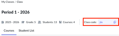 Class page showing 'Class Code' highlighted