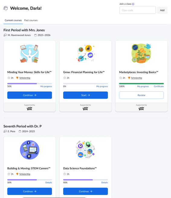 Student dashboard with current courses tab open, showing various courses organized by teacher and school year