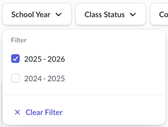 'School Year' filter expanded with '2025-2026' option selected