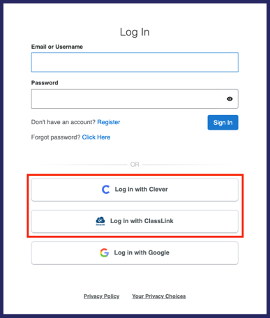 Homeroom login screen with 'Log in with Clever' and 'Log in with ClassLink' buttons highlighted