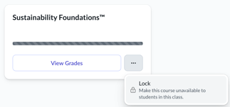 'Sustainability Foundations' course card with three-dot menu open, showing lock option