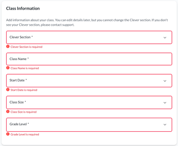 Class Information form showing all fields that are required when creating a class