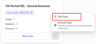 class card showing three-dot menu expanded with 'edit class' highlighted