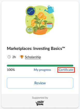Course card on the student dashboard showing a completed course with the 'certificate' link highlighted