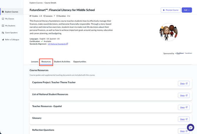 Course details page with the Resources tab selected, showing a list of available course resources such as guides and supporting materials