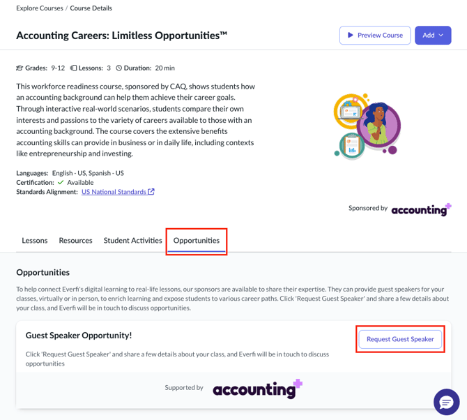 Course details page showing opportunities tab highlighted and open revealing a "request guest speaker" button