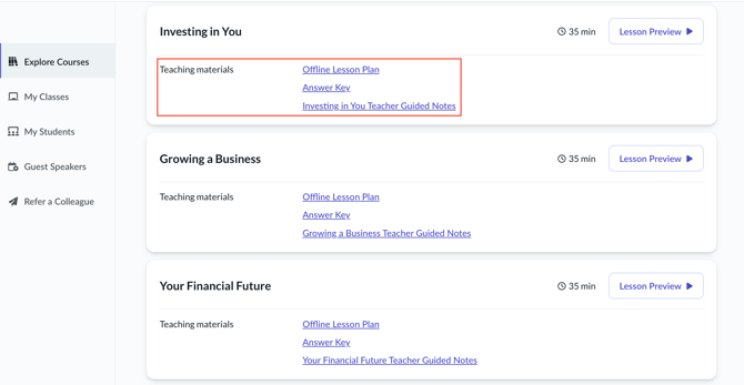Explore courses page with new teaching materials layout shown