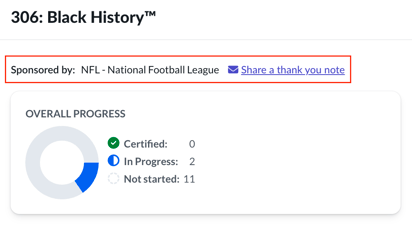 The top of a course progress page with the "sponsored by" information for the course highlighted