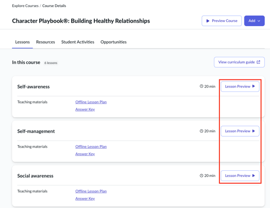 Lessons tab with Lesson Preview buttons visible