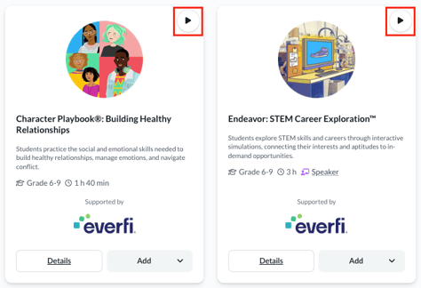 Explore Courses page highlighting play button on course cards