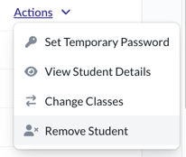 Actions menu with 'remove student' option selected