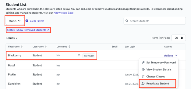 Student list with 'show removed students' filter selected, highlighting a removed student and the 'reactivate student' option