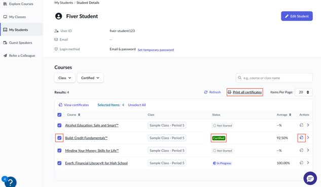 Student details page showing ways to download individual certificates